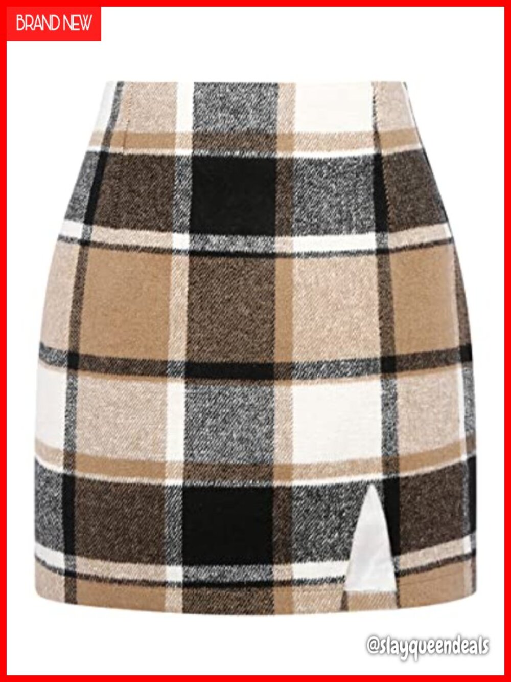 High Waisted Wool Blend Plaid Mini Pencil Skirt with Slit